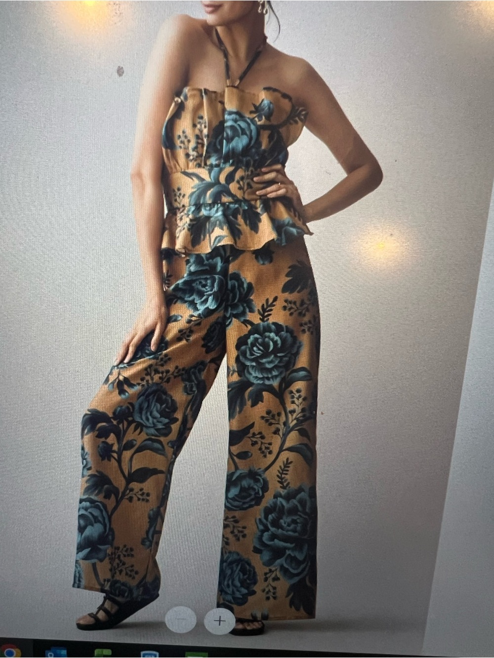 Maeve Strapless Wide-Leg Jumpsuit in Mustard and Teal Floral